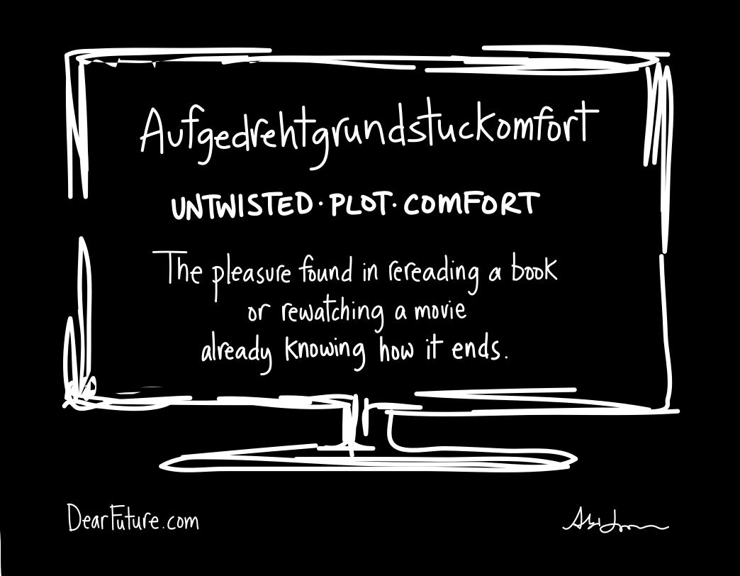 Aufgedrehtgrundstuckomfort - Untwisted Plot Comfort - The pleasure found in rereading a book or rewatching a movie already knowing how it ends.