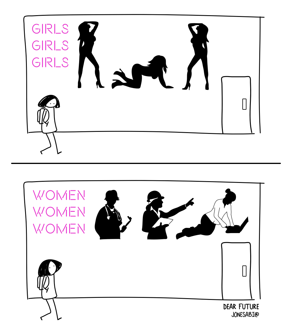 In the first panel, a woman walks by a club painted with the silhouettes of exotic dancers. In the second panel she walks by a club with a flashing sign that says 'women, women women' and the silhouettes are of a doctor, an engineer, and a computer user